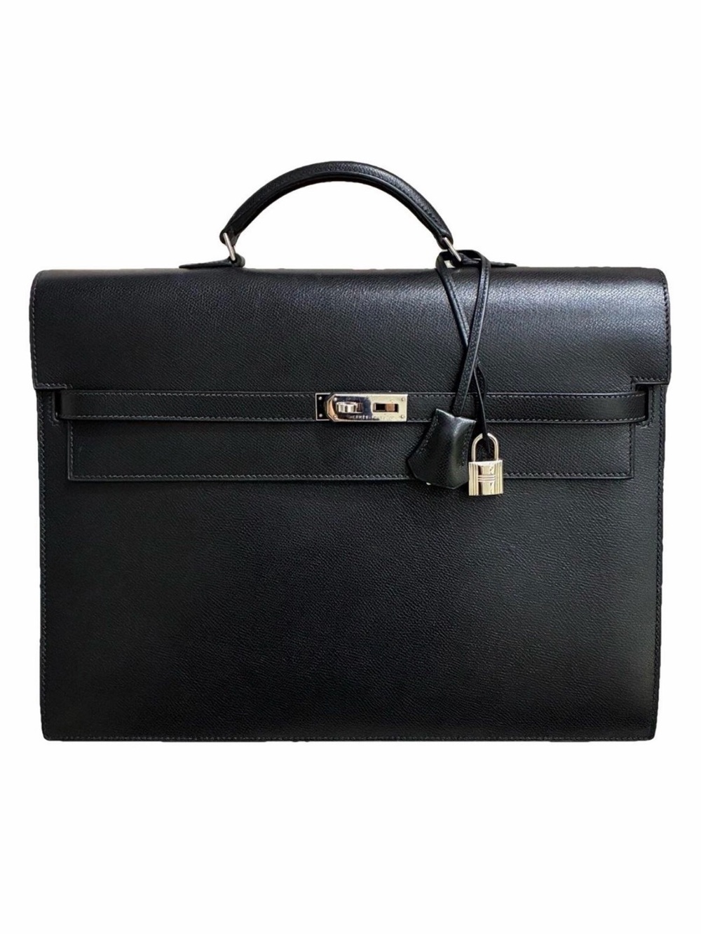 Hermes Black Leather Top-Handle Briefcase with Palladium Hardware